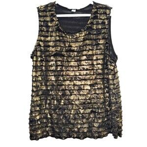 CJ Banks Plus 1X Black Gold Metallic Tiered Ruffle Sleeveless Party Top